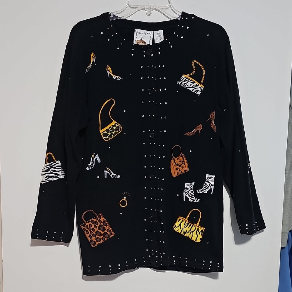 Michael Simon Lite Black Cardigan Gold Silver Zebra Shoes Purses Sz Small Cotton